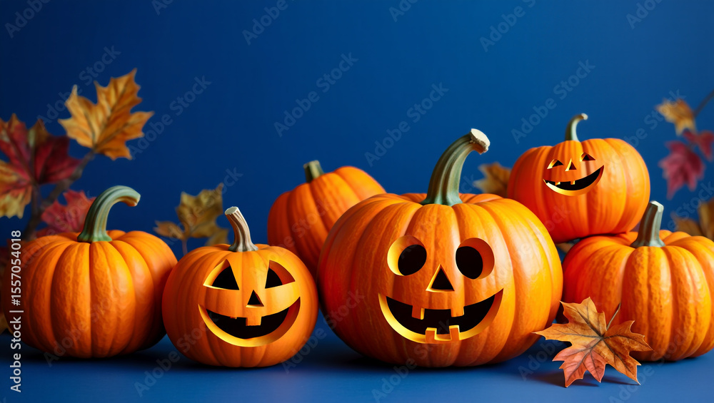 Fototapeta premium Carved Orange Pumpkins with Smiling Faces and Autumn Leaves on Blue Background