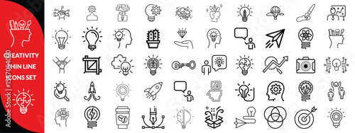 Creativity thin line icons set. Idea, creative solution and thinking, innovation icon. Editable stroke. Vector illustration, big icon set 