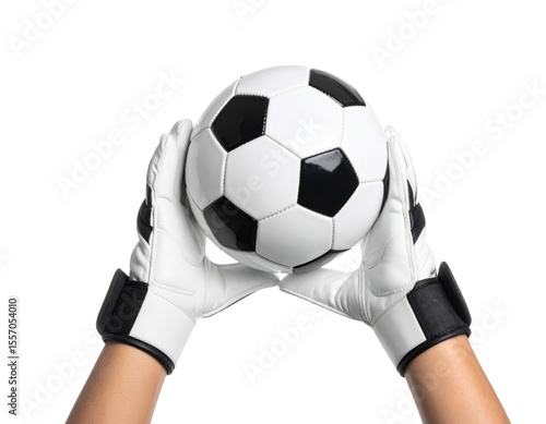Wallpaper Mural Goalkeeper glove soccer ball hand black white sport catch equipment Confident goalkeeper hands wearing white gloves catching black and white soccer ball isolated transparency background showing Torontodigital.ca