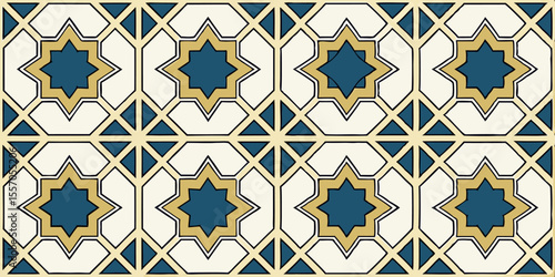 Geometric tile Pattern: Intricate and aesthetically pleasing geometric tile pattern, ideal for backgrounds and design elements. The pattern features interlocking shapes and a harmonious color palette.