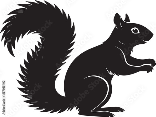 Silhouette of a squirrel with a bushy tail standing on hind legs in clean flat vector style, minimal wild animal icon design isolated on white background in transparent PNG format