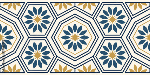 Geometric Floral Pattern: A seamless repeat of an intricate floral motif, evoking a sense of timeless elegance, designed in a symmetrical and orderly fashion. 