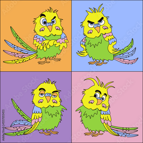 Kids nursery poster with bird. Vector illustration of emotion face parrot. Set of funny colored budgerigar . Perfect child room wall interior art. EPS 10