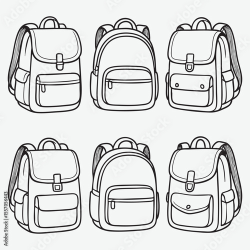 Six simple hand drawn black and white school backpack illustrations with different designs