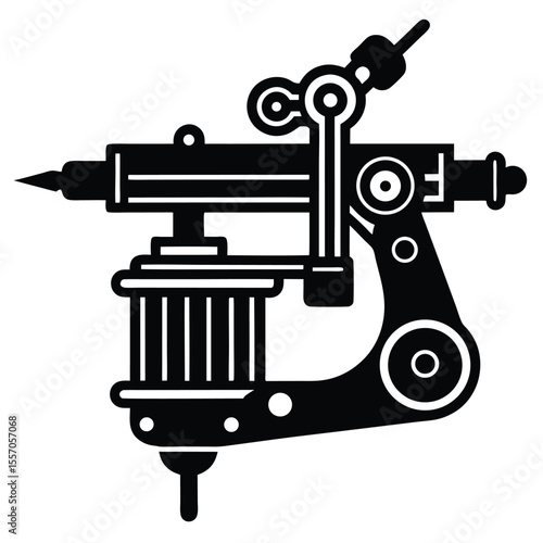 Black and white illustration of a classic tattoo machine for tattoo artist concepts