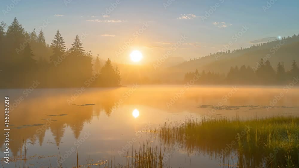 Serene Sunrise Over a Misty Lake - A Tranquil Morning Landscape Serene Sunrise Over a Misty Lake - A Tranquil Morning Landscape