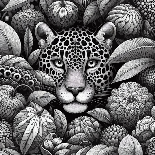 Intricate coloring page featuring a leopard's face amidst lush foliage and fruits
