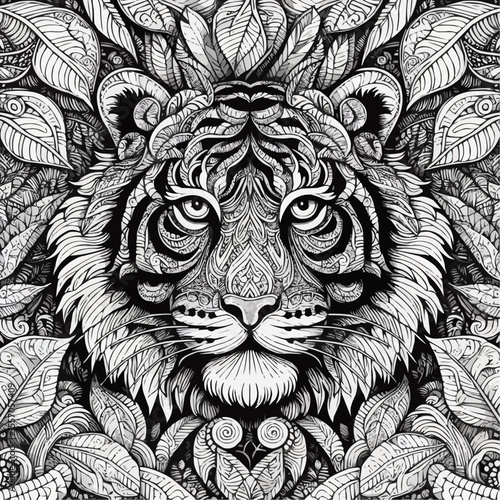 Intricate coloring page illustration of a tiger surrounded by lush foliage and detailed leaves

