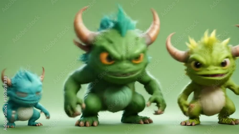 Cartoon monsters on a green screen embody fantasy and imaginative characters with bright color designs. Cartoon monsters on a green screen embody fantasy and imaginative characters with bright color designs.