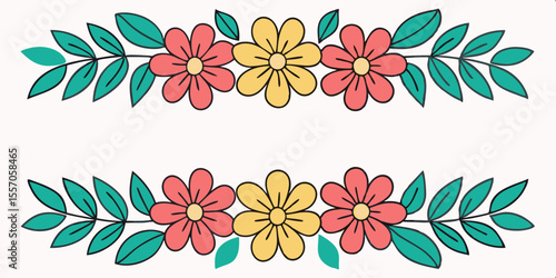 Floral Delight: A pair of charming floral borders adorned with colorful blossoms and verdant leaves, bringing a touch of natural elegance and artistic flair.