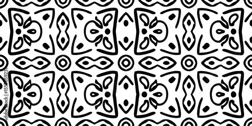 Geometric Floral Seamless Pattern: An elegant, black-and-white geometric pattern featuring a repeating floral motif, perfect for adding a touch of sophisticated style.