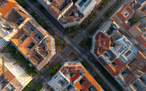 Aerial top down view of Oktogon Square in Budapest, Hugnary