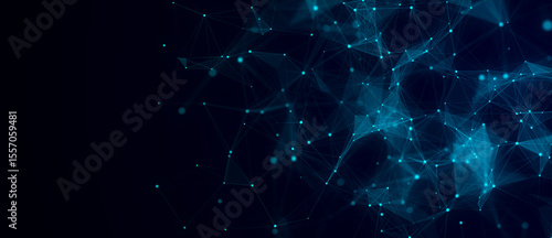 Network connection structure. Abstract blue background with moving dots, lines and triangles. Futuristic illustration. Digital technology design. 3d rendering