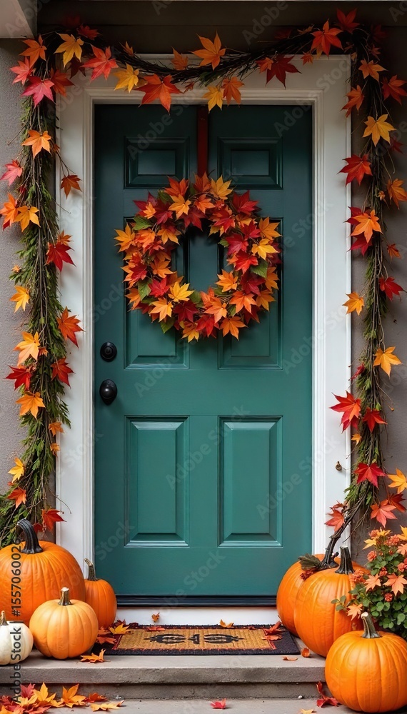 Obraz premium Charming Autumn Wreath Adorns Rustic Front Door with Pumpkins and Fall Foliage, Creating a Warm and Welcoming Seasonal Display Perfect for Thanksgiving, Halloween, or Autumn Home Decor