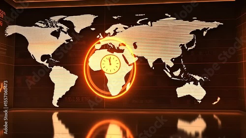 Futuristic digital world map with glowing elements, showcasing time zones and financial data trends