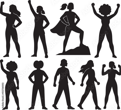 A collection of ten powerful black silhouettes of women, each striking a pose that conveys strength, confidence, and empowerment