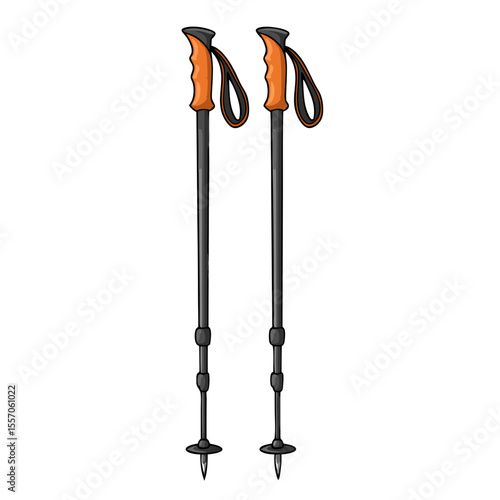 Vector illustration of folding trekking poles with orange rubber handles and spikes, isolated on transparent background

