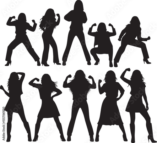 ten black silhouettes of women in various dynamic and confident poses, many flexing their arm muscles or striking assertive stances.
