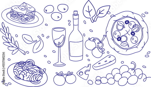 Hand drawn Italian food doodle set with pizza, wine, pasta, cheese, tomato, grapes, and herbs. Cute crayon sketch style. Perfect for menu design, posters, food packaging, and restaurant branding.