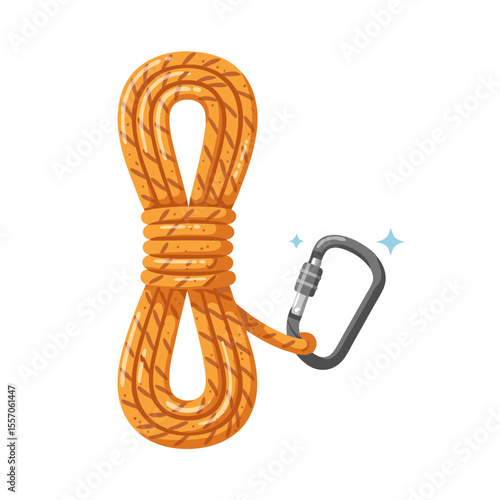 Icon of coiled climbing rope with attached carabiner, mountaineering equipment, isolated on transparent background