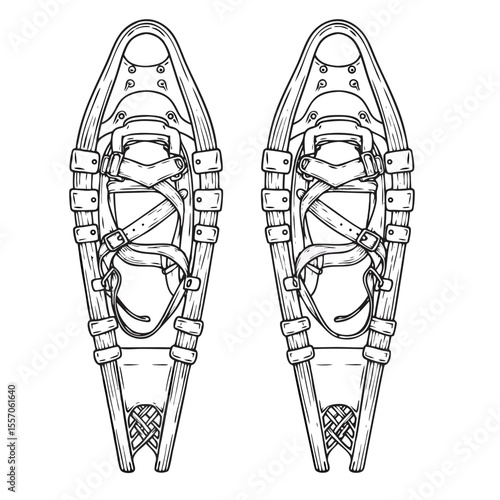 Vector icon of a pair of snowshoes in bear paw style with straps, winter hiking gear, isolated on transparent background
