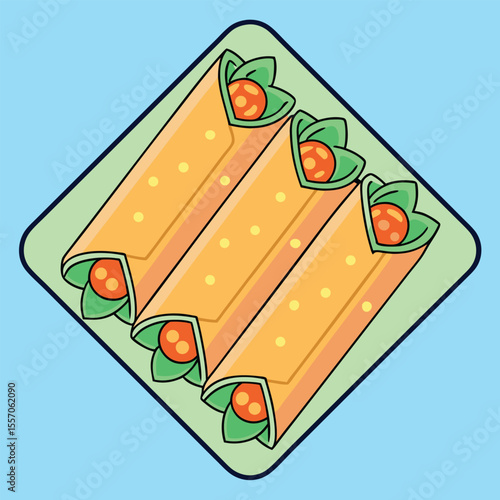 Delicious cartoon illustration of freshly prepared burritos on a green rectangular plate