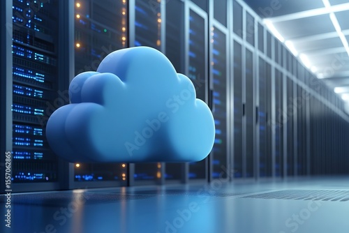 Cloud computing technology concept with blue cloud icon in modern data center server room, futuristic digital storage and network security design