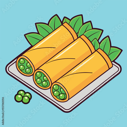 Delicious illustration of spring rolls served on a plate with fresh basil leaves