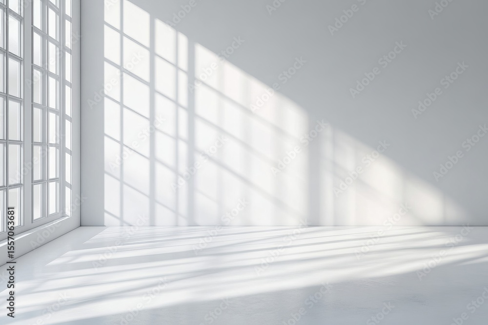 Bright empty minimalist room with large window shadows on white wall and floor, modern clean interior space full of natural light and peaceful atmosphere Bright empty minimalist room with large window shadows on white wall and floor, modern clean interior space full of natural light and peaceful atmosphere