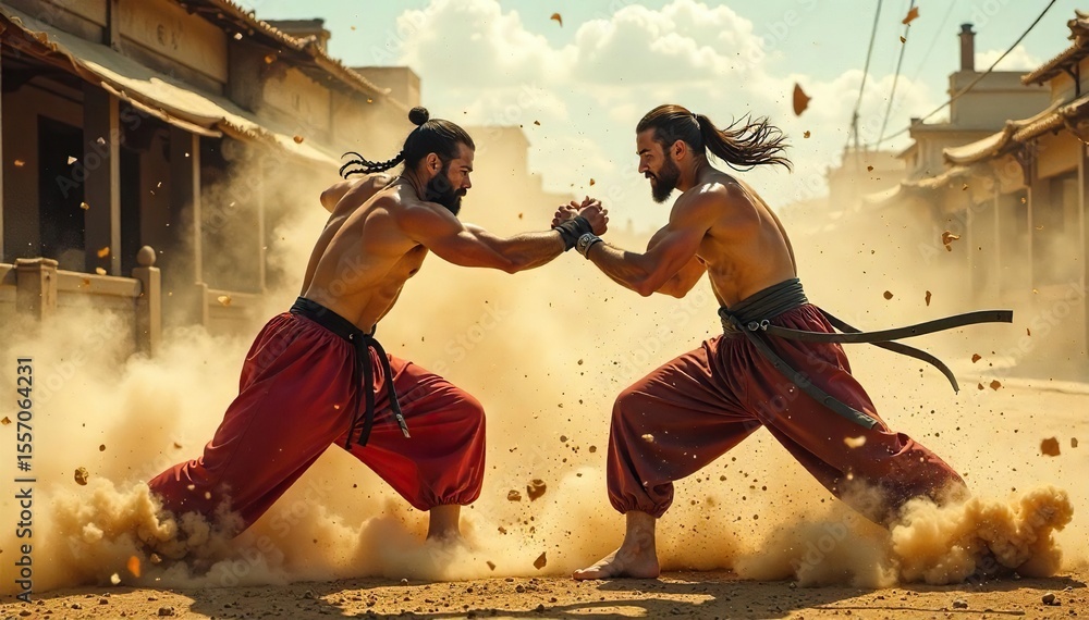 Fototapeta premium Intense Outdoor Martial Arts Fight Scene Two Figures Clash, Dust and Debris Flying, Aggressive Action Shot, Perfect for Film and Adventure Projects