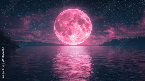 A large, vibrant pink moon hangs over a tranquil lake at night.