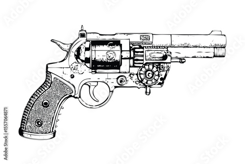 Steampunk Revolver  in Stipple Ink Style. Fictional Firearm Vintage Engraving
