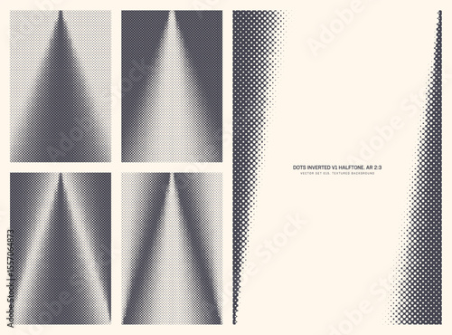 Assorted vector retro styled inverted dots halftone pattern set in vertical 2:3 aspect ratio including angular frame and various cone textures. Different offset print half tone design elements bundle