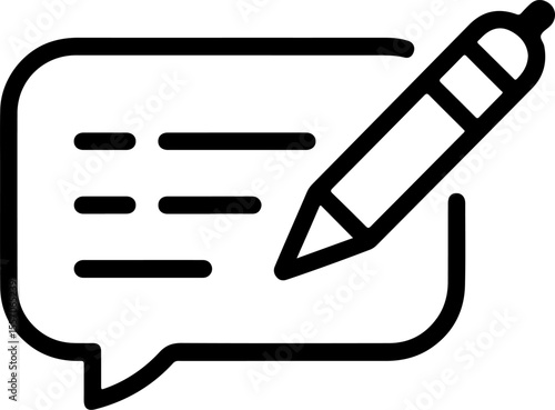 Simple black outline icon of a pen writing in a speech bubble with text lines