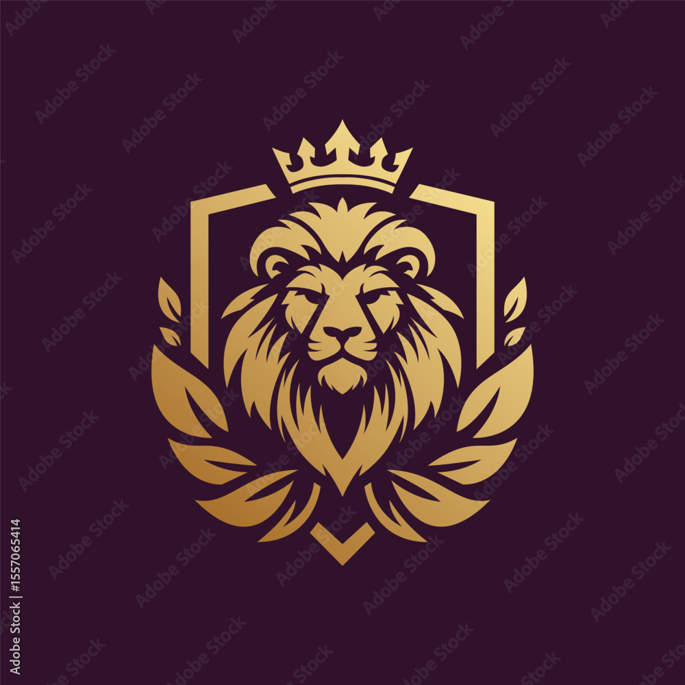 Obraz premium Royal Crowned Lion Shield Leaf Ornament Logo