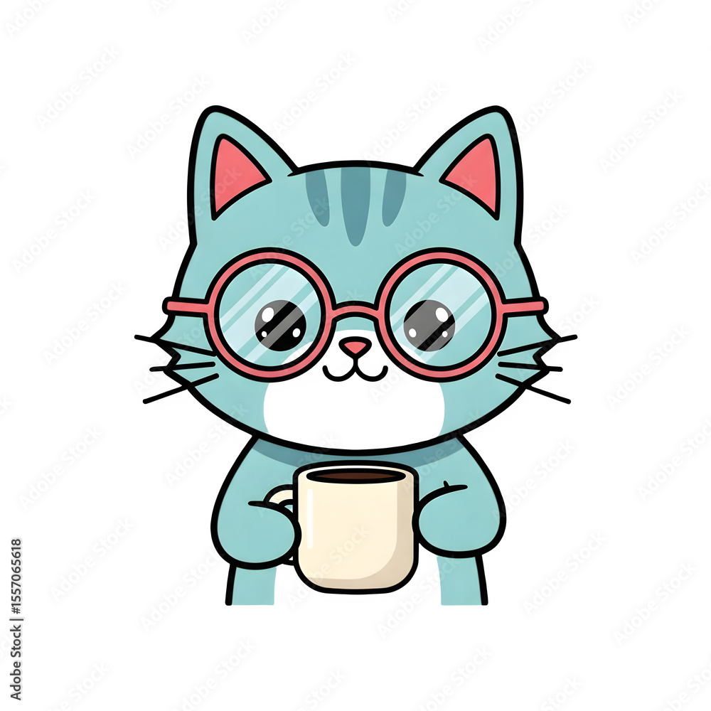 Fototapeta premium Cute Cat Vector with Glasses and Coffee Mug Transparent Background