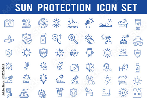 Sun  Protection icon set. SPF protection, umbrella, Contains icons sunscreen, ultraviolet, sunglasses.