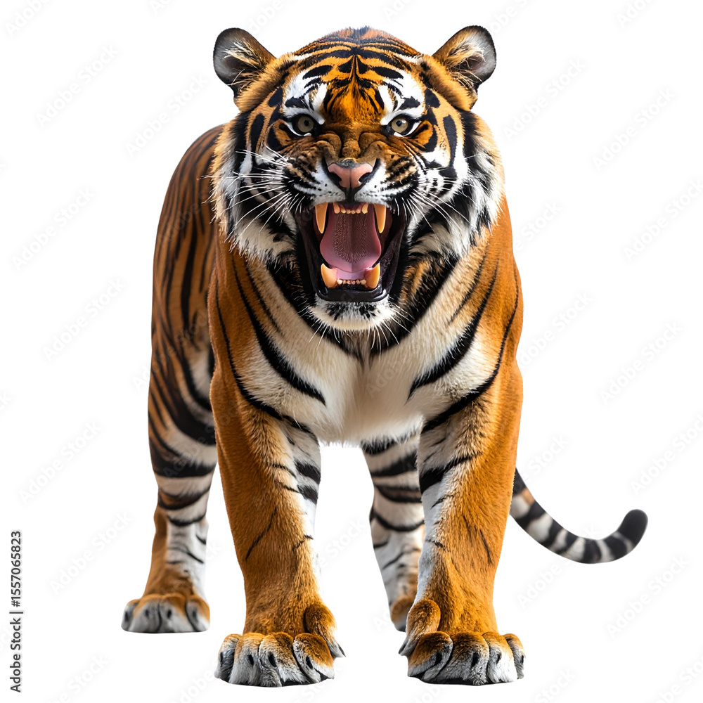 Obraz premium Roaring Bengal tiger with open mouth and extended claws, dynamic action pose, transparent background PNG