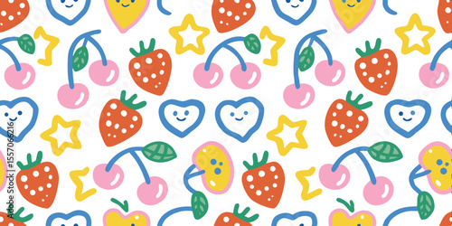 Sweet Summer Fruit Pattern: A cheerful and playful seamless pattern featuring strawberries, cherries, hearts, and stars. Perfect for summer designs, textiles, and packaging.