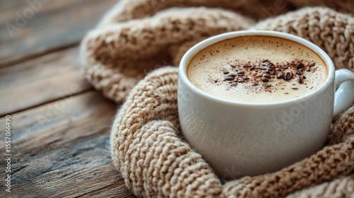 Cozy autumnal coffee in a mug wrapped in a knitted scarf.