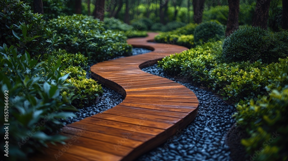 Obraz premium Winding wooden walkway through lush garden landscaping.