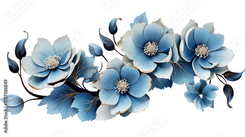 Soft blue floral arrangement showcases delicate flowers and leaves, perfect for backgrounds and design elements transparent.