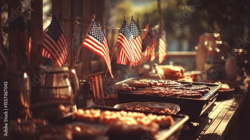 Celebrating July 4th with sizzling BBQ American flags flutter in the golden light of unity a festive backyard feast with