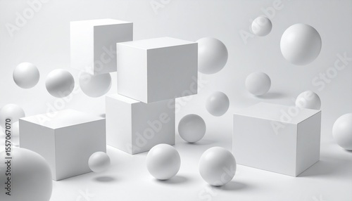 Floating 3D cubes and spheres in soft light gray on white canvas for modern presentation feel.