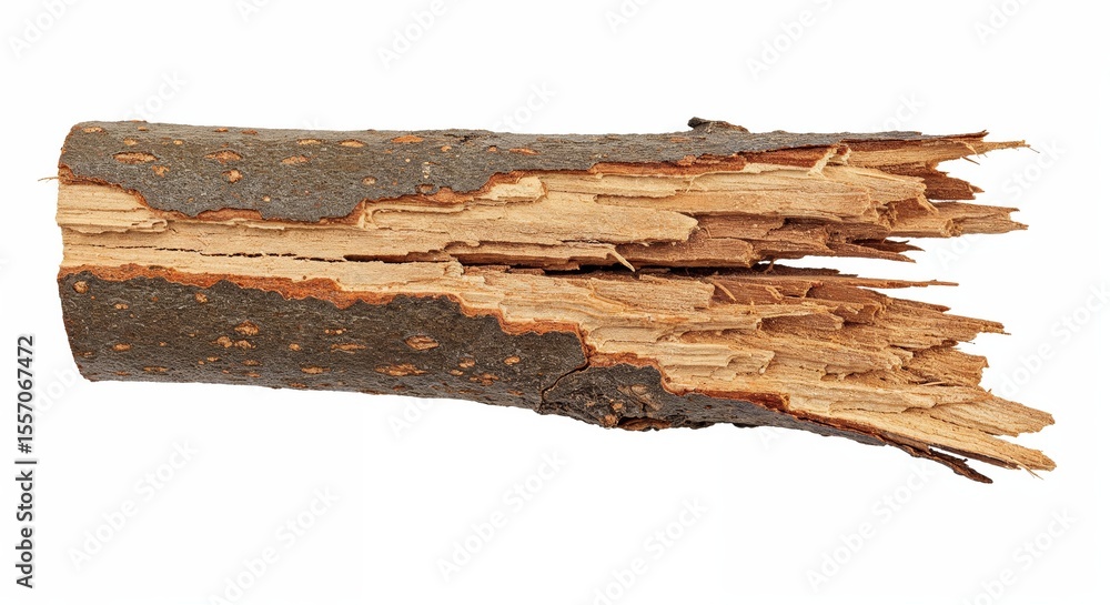 Split twig isolated on white, top-down view, detailed bark and wood fibers, photorealistic image Split twig isolated on white, top-down view, detailed bark and wood fibers, photorealistic image