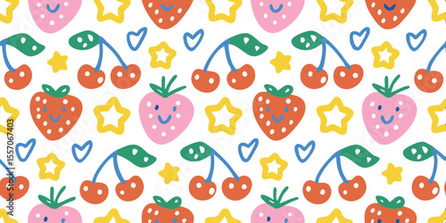 Fruity Fun: Whimsical, vibrant seamless pattern featuring smiling strawberries, bright cherries, cheerful stars, and dainty hearts, creating a playful and joyful design