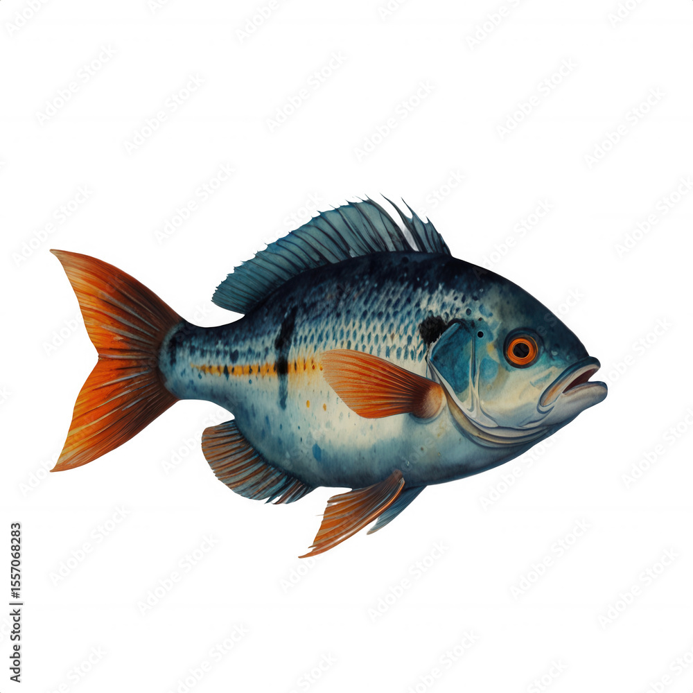 Fototapeta premium Illustration of a blue and orange fish swimming against a black background