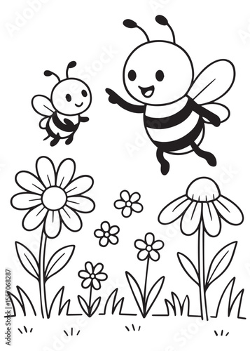 coloring book page bees flying over flowers