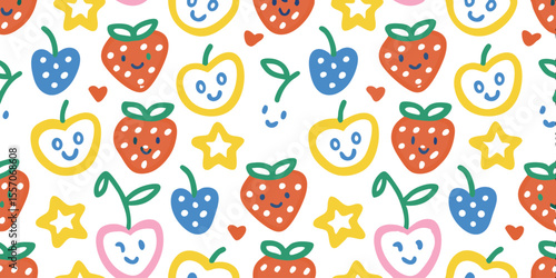 Happy Fruit Pattern: A cheerful seamless pattern featuring smiling strawberries, apples, and cherries, adorned with hearts and stars. Perfect for kids' designs and adding a touch of playful sweetness.