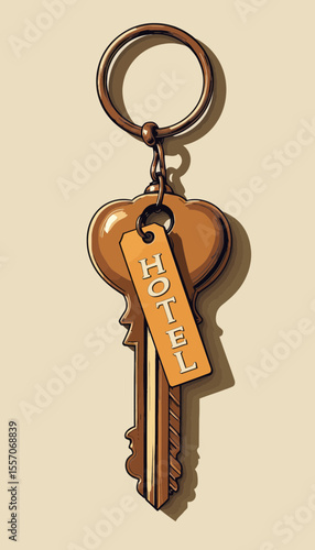 Hotel key on keychain with tag against a beige background  